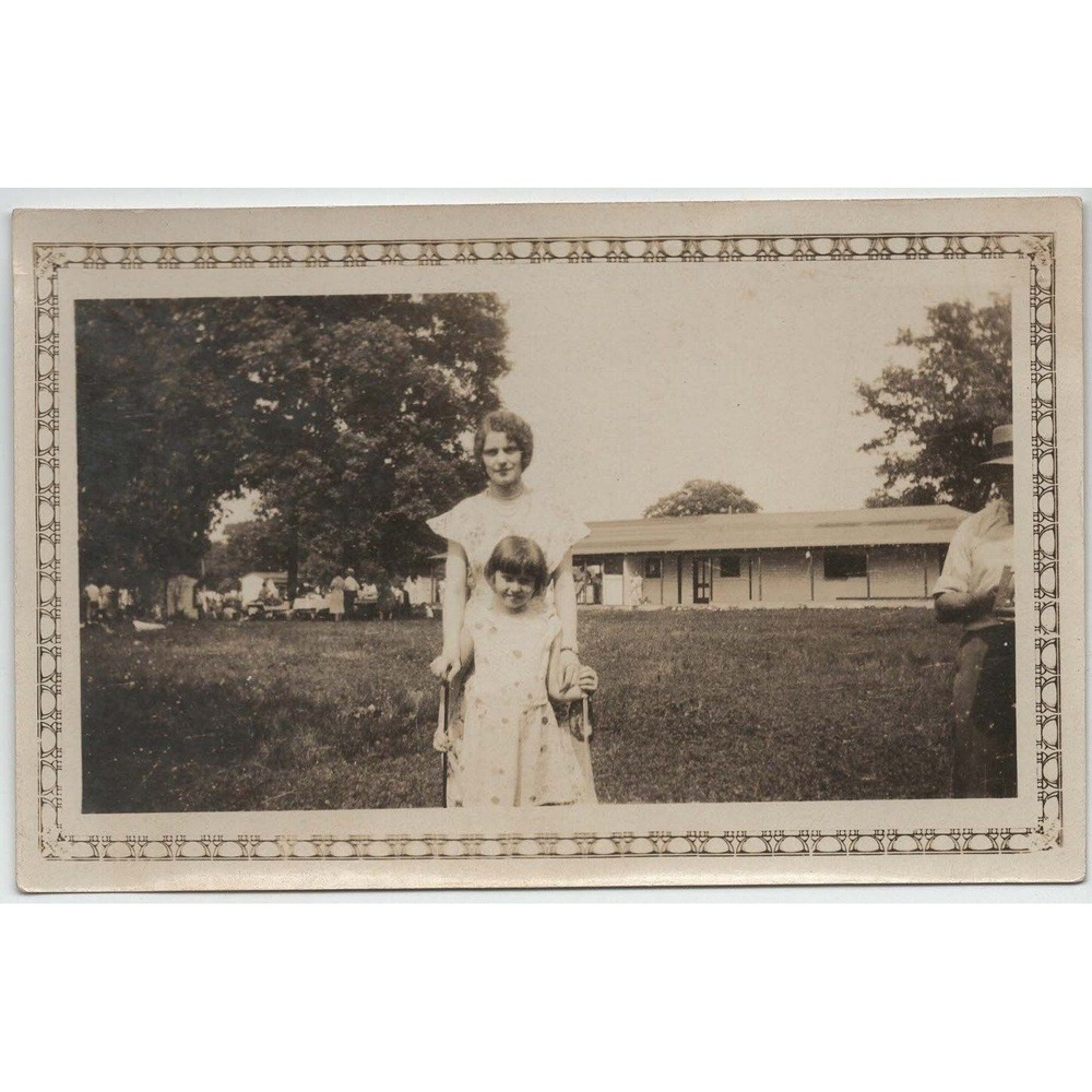 Vintage 1920s Snapshot Photo Woman & Girl Outdoor Portrait Decorative Border
